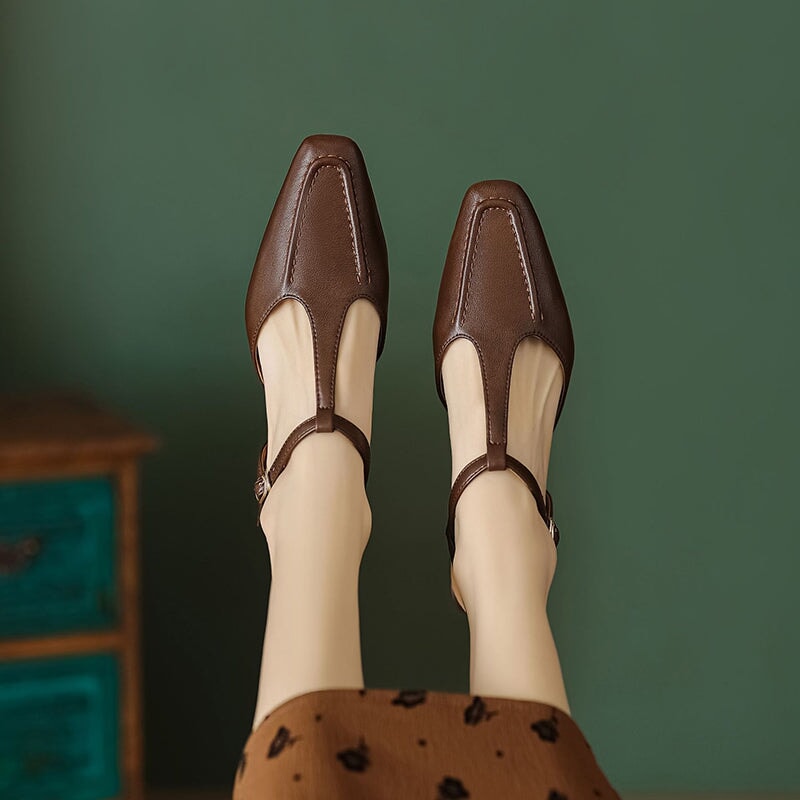 T strap Detail Mary Jane Slingback Sandals Block Heel Square Toe Maxct