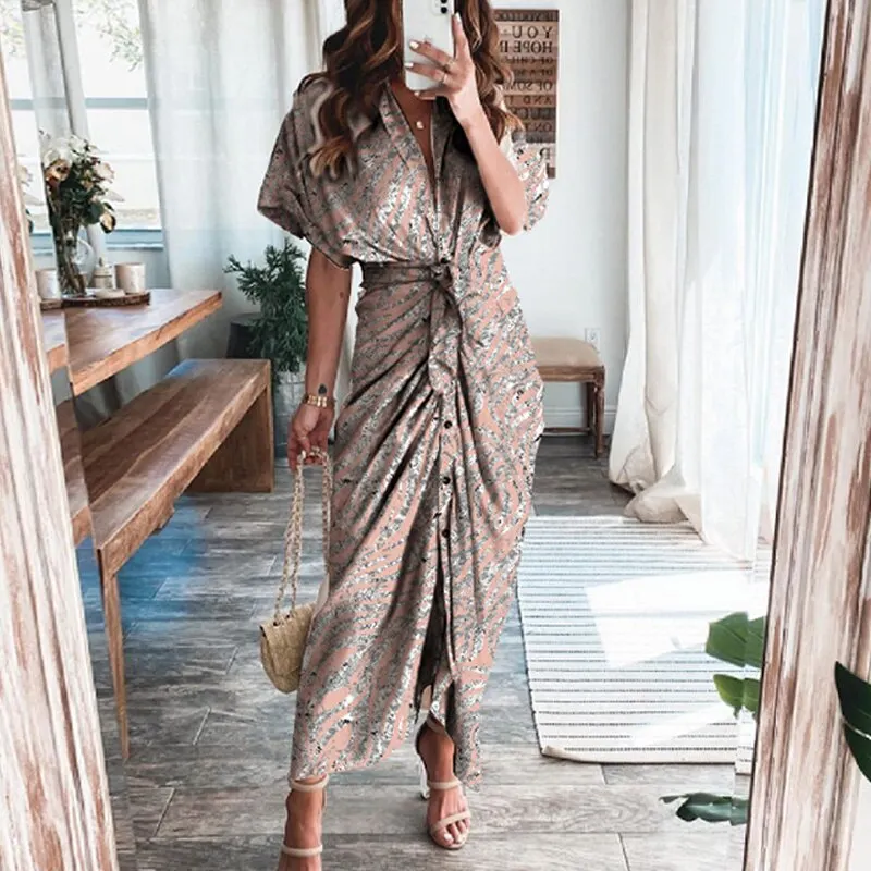 Maxct Short Sleeve Spring Dresses Fashion Summer Turn-down Collar Women Party Dress Elegant Button Office Lady Shirt Dress