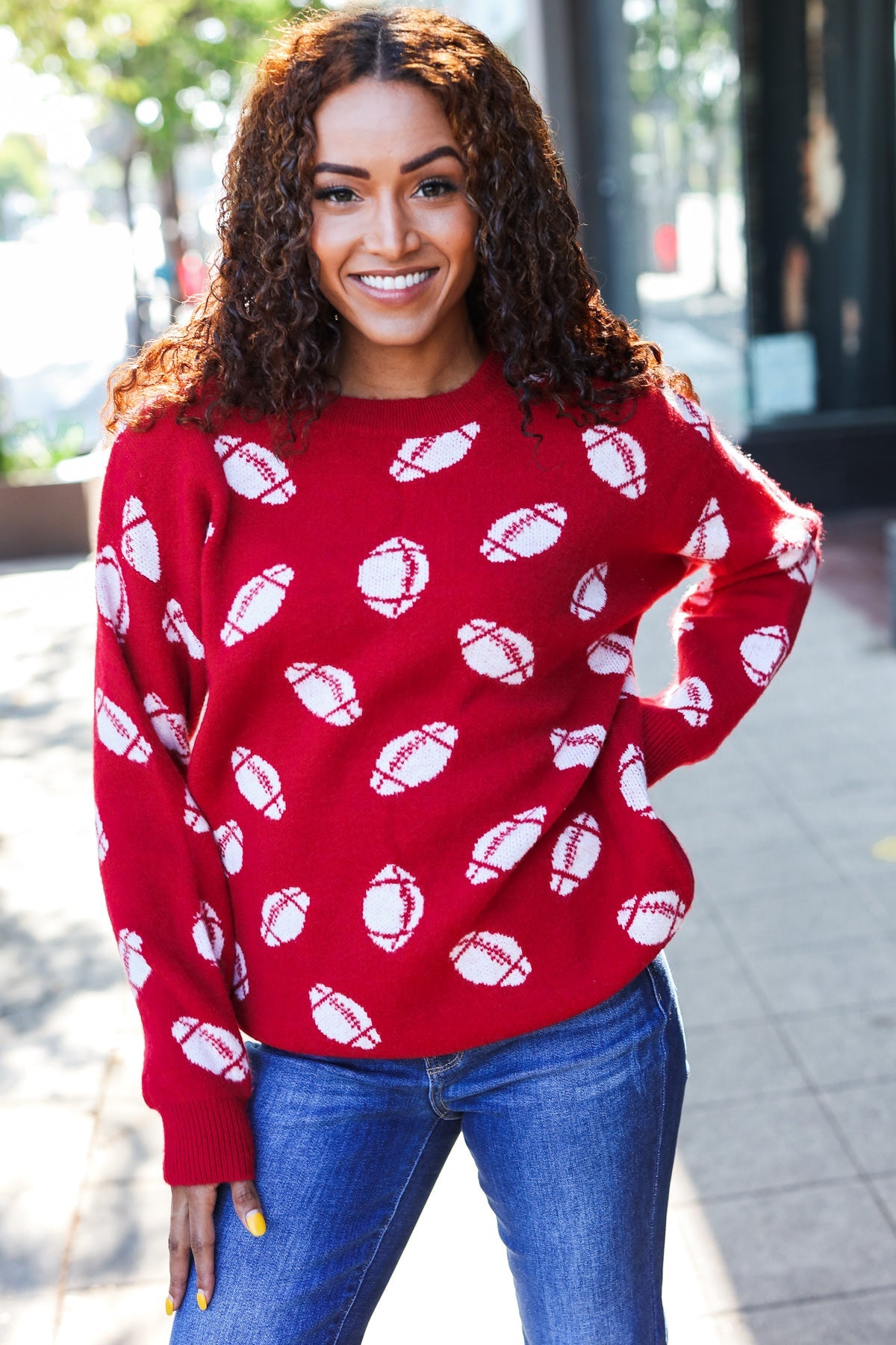 Maxct &Game Day Red Football Print Jacquard Knit Sweater