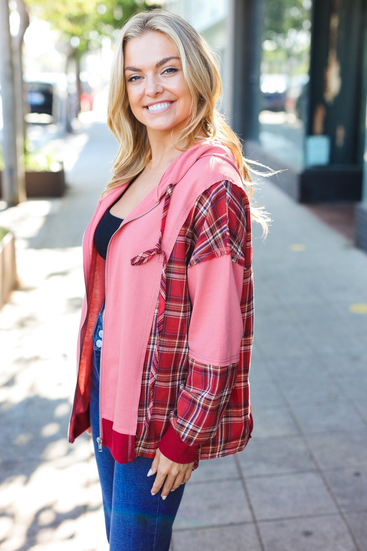 Maxct &Adorable in Marsala Plaid Color Block Zipper French Terry Hoodie