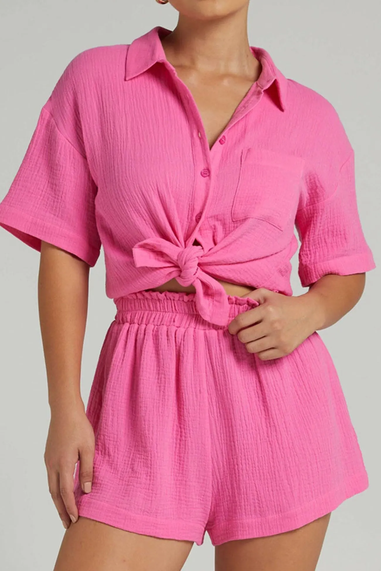Maxct Solid Color Short Sleeve Shirt Cotton Two-piece Shorts Set