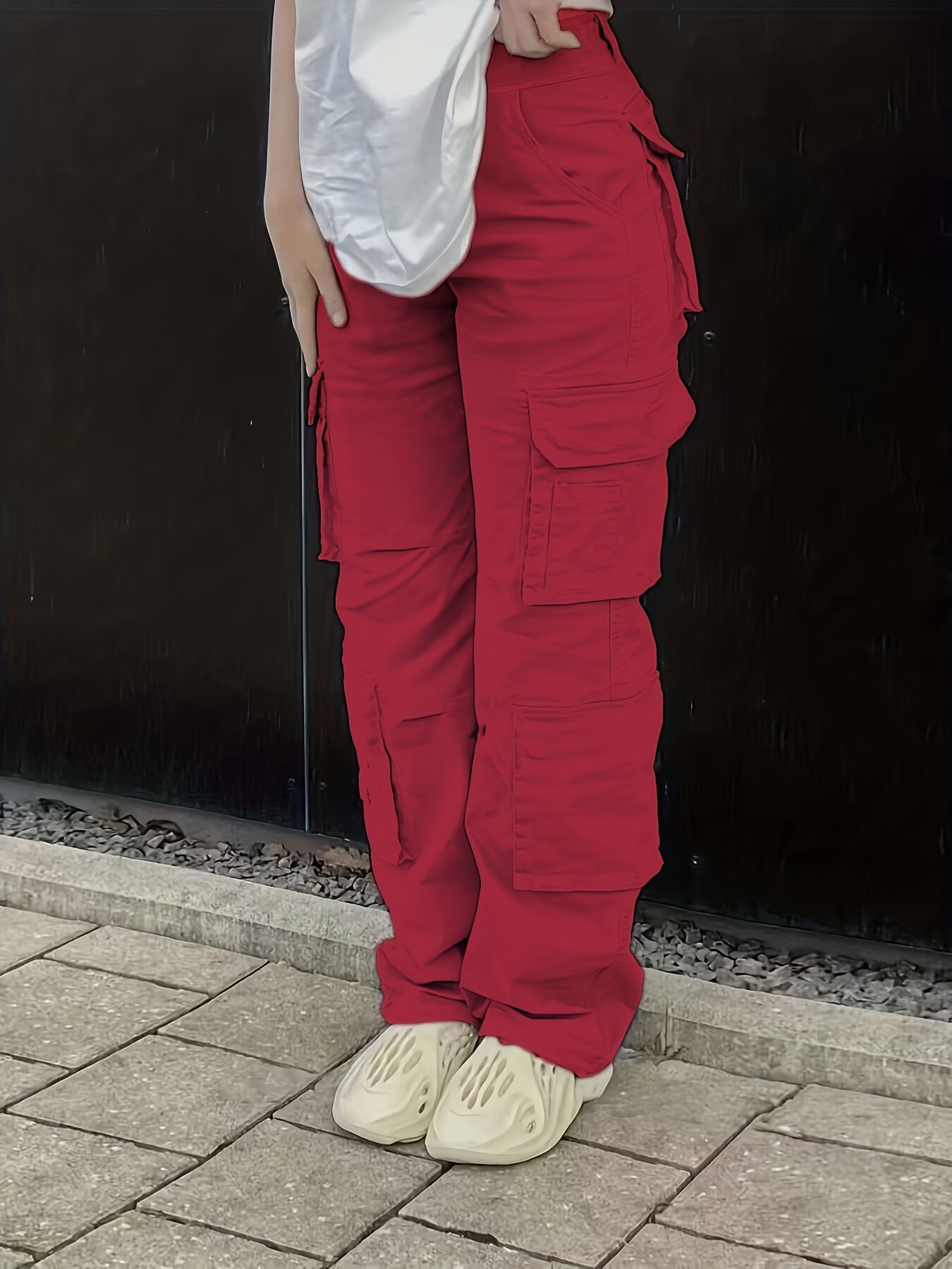 Maxct Plain High Rise Cargo Denim Pants, Loose Solid Color Retro Cargo Jeans, Street Casual Style, Women's Denim Jeans & Clothing