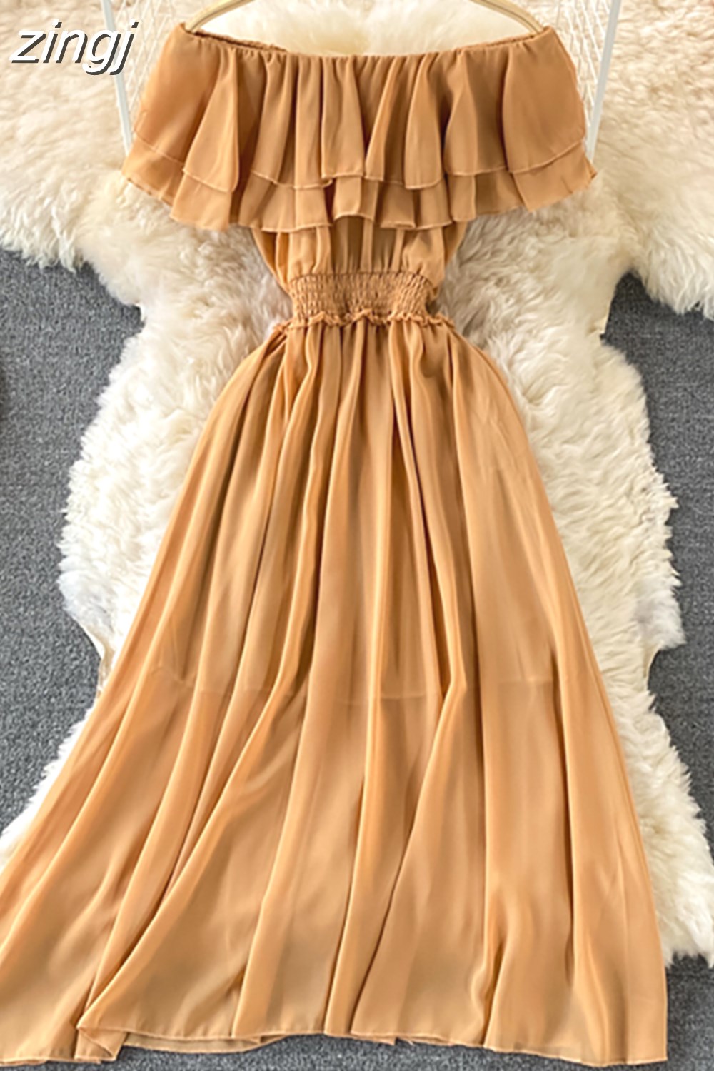 Maxct Chiffon Dress Women Sexy Slash Neck Ruffle Robe Elegant Ruffle High Waist Vestidos Female Beach Vacation New