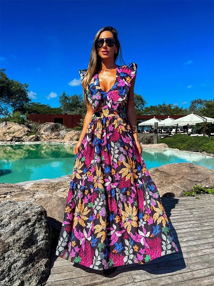 Maxct New Ruffle Sleeveless Printed Skirt Ladies V Neck Elegant Long Dress Waist Slimming Temperament Robe