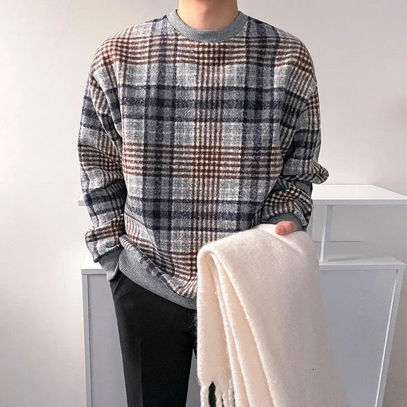 Maxct 6164 Knitted Crewneck Plaid Sweater