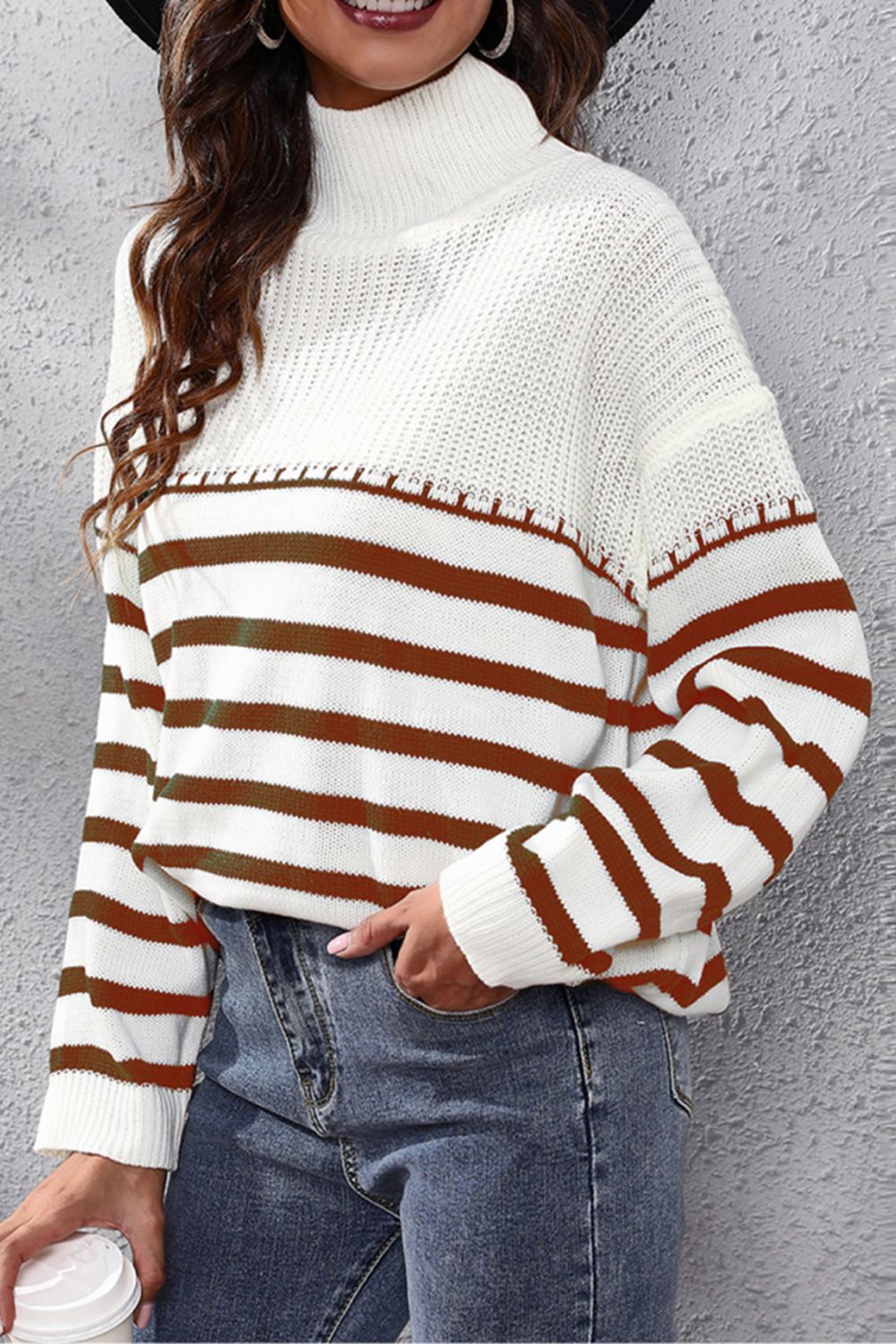 Maxct &Striped Turtleneck Drop Shoulder Sweater