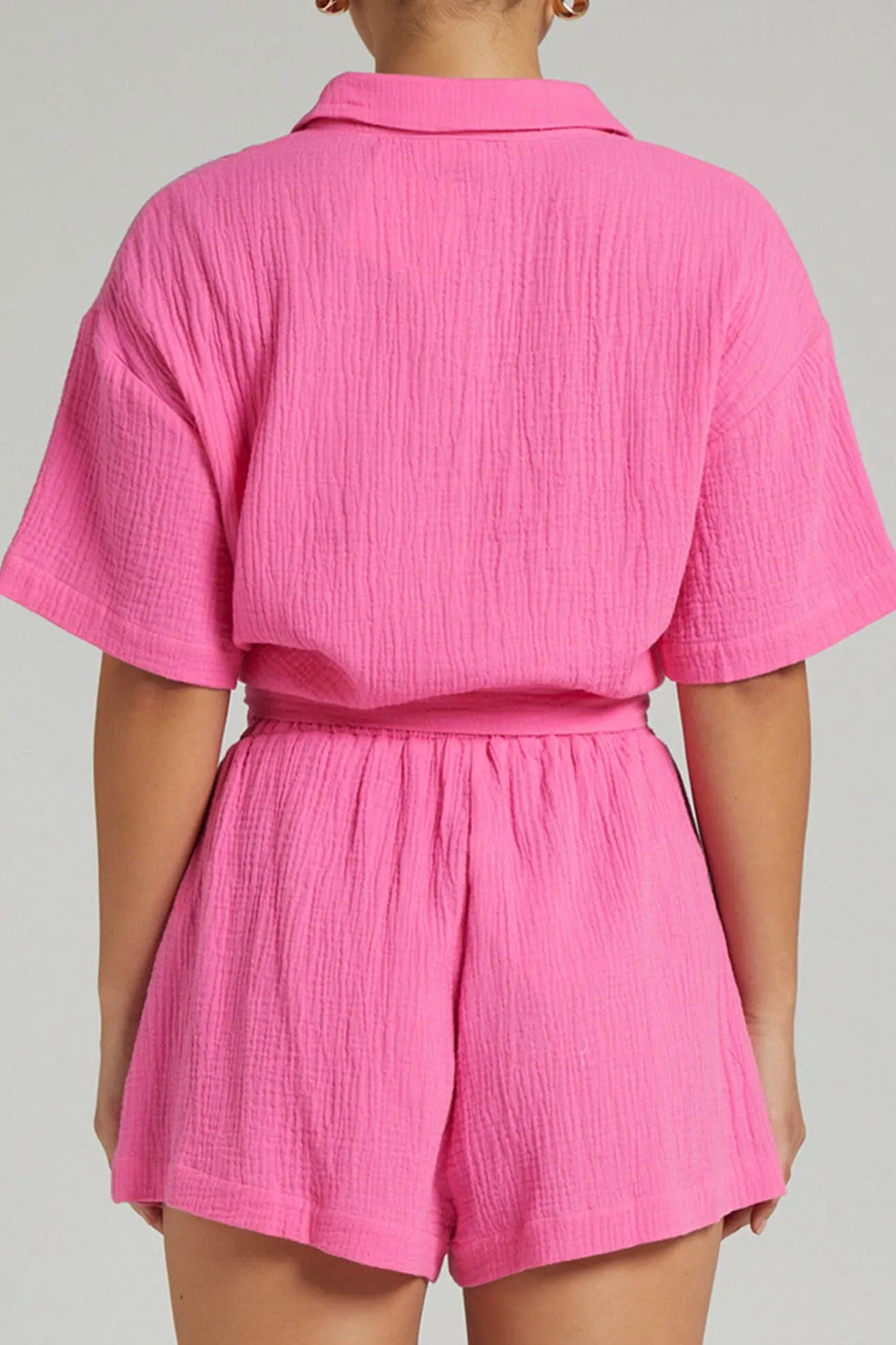 Maxct Solid Color Short Sleeve Shirt Cotton Two-piece Shorts Set