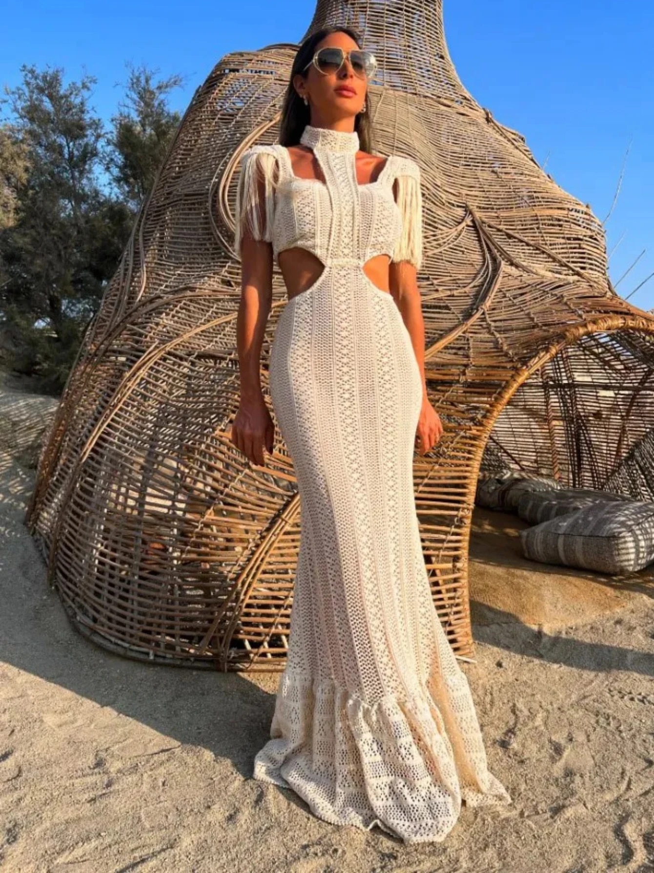 Maxct White Lace Women Dress Turtleneck Tassel Sleeve Slim Naked Waist Hollow Out Long Dress Summer Beach Female Knit Robe