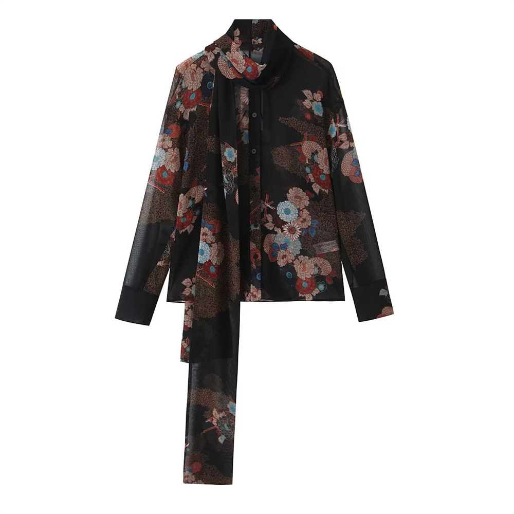 Maxct Autumn New Women's Fashion Style Ribbon Decoration Round Neck Long Sleeve Flower Printed Shirt Top
