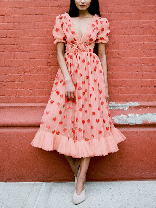 Sequined Strawberry Mesh Pleated Maxi Dress Maxct