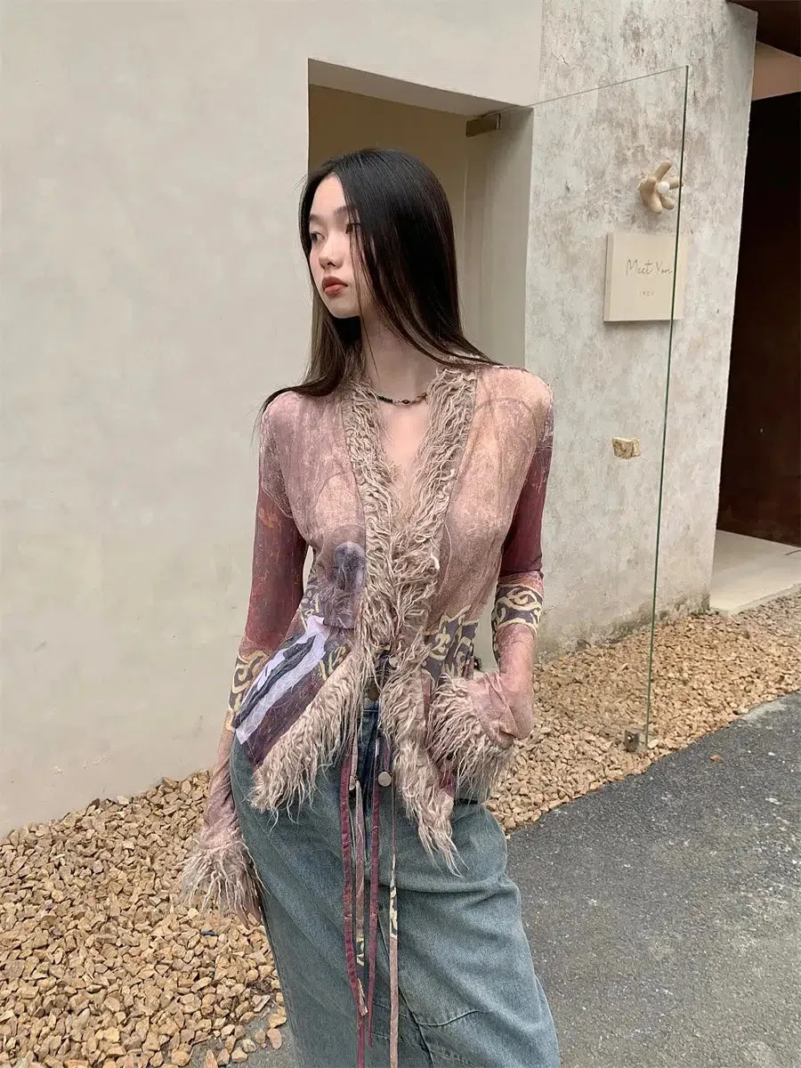 Maxct &Vintage Faux Fur Detailed Lace Up Top