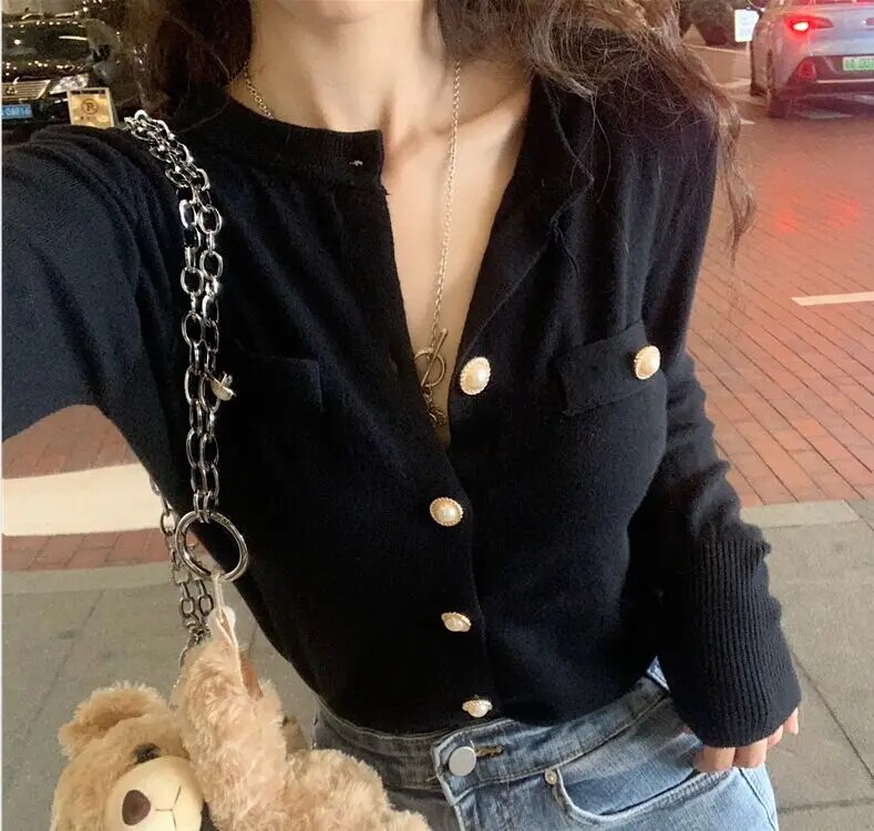 Maxct Women O-Neck Knitted Full Sleeve Cropped Buttons Slim Sweaters Cardigans Lady Single-breasted Sweater Crop Tops for Female
