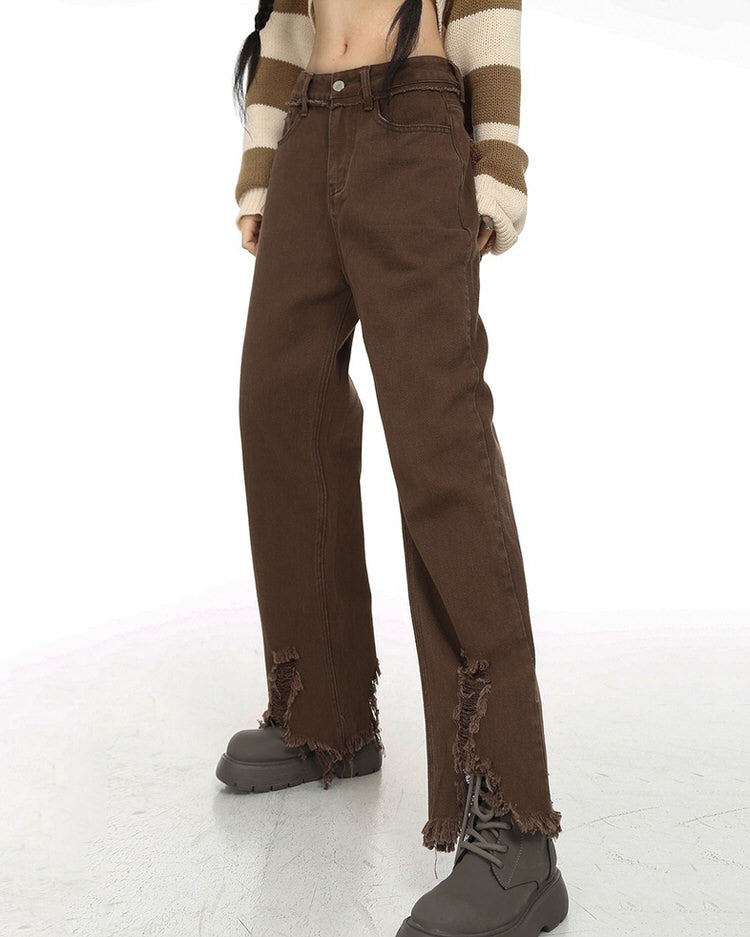 Brown Straight Leg Distressed Jeans Maxct