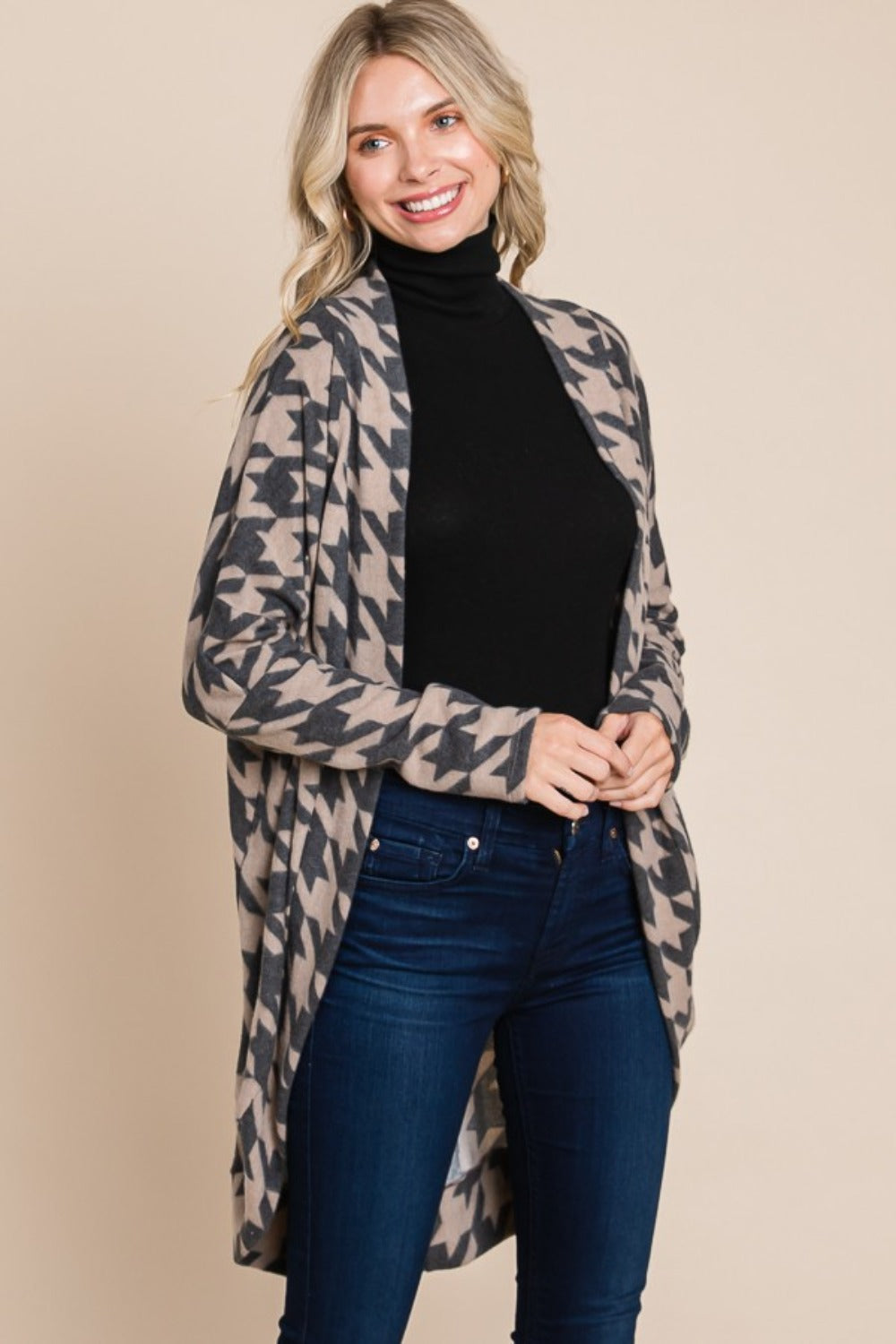 Maxct &BOMBOM Houndstooth Open Front Cocoon Knit Cardigan
