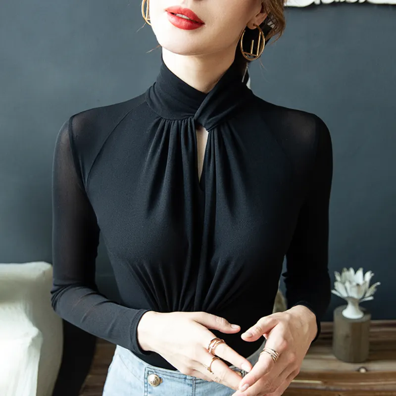 Maxct Mesh T Shirts Women Hollow Out Crossed Turtleneck Full Sleeve Tops Tees Lady Autumn High Stretchy Folds TShirt