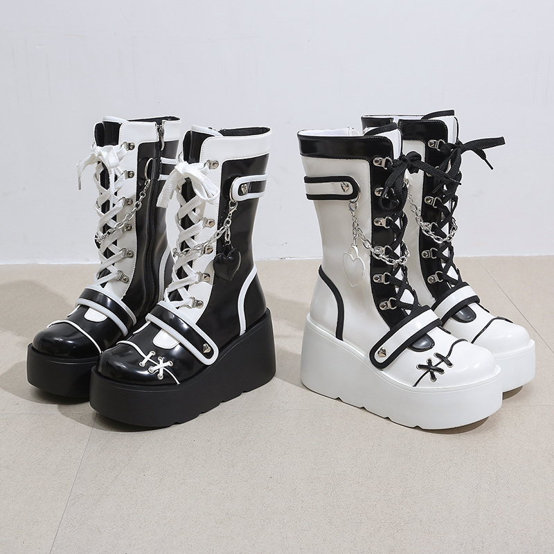 Platform Wedge Women's Boots Black and White Punk Gothic Style - true deals club