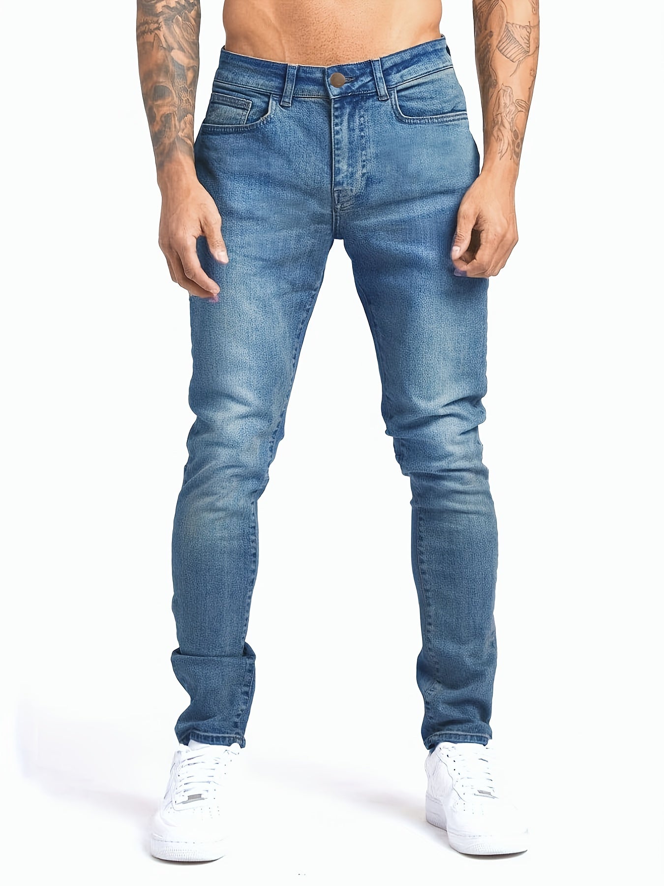 Maxct  Slim Fit Jeans, Men's Casual Street Style Solid Color Mid Stretch Denim Pants For Spring Summer