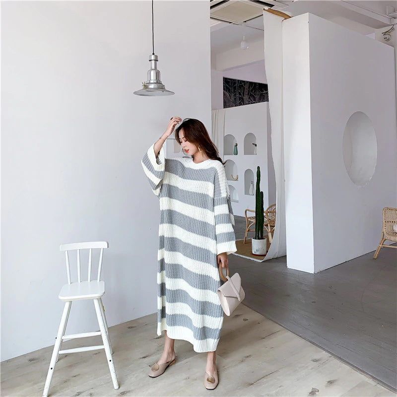 Loose Long Striped Crew Neck Knitted Dress Maxct