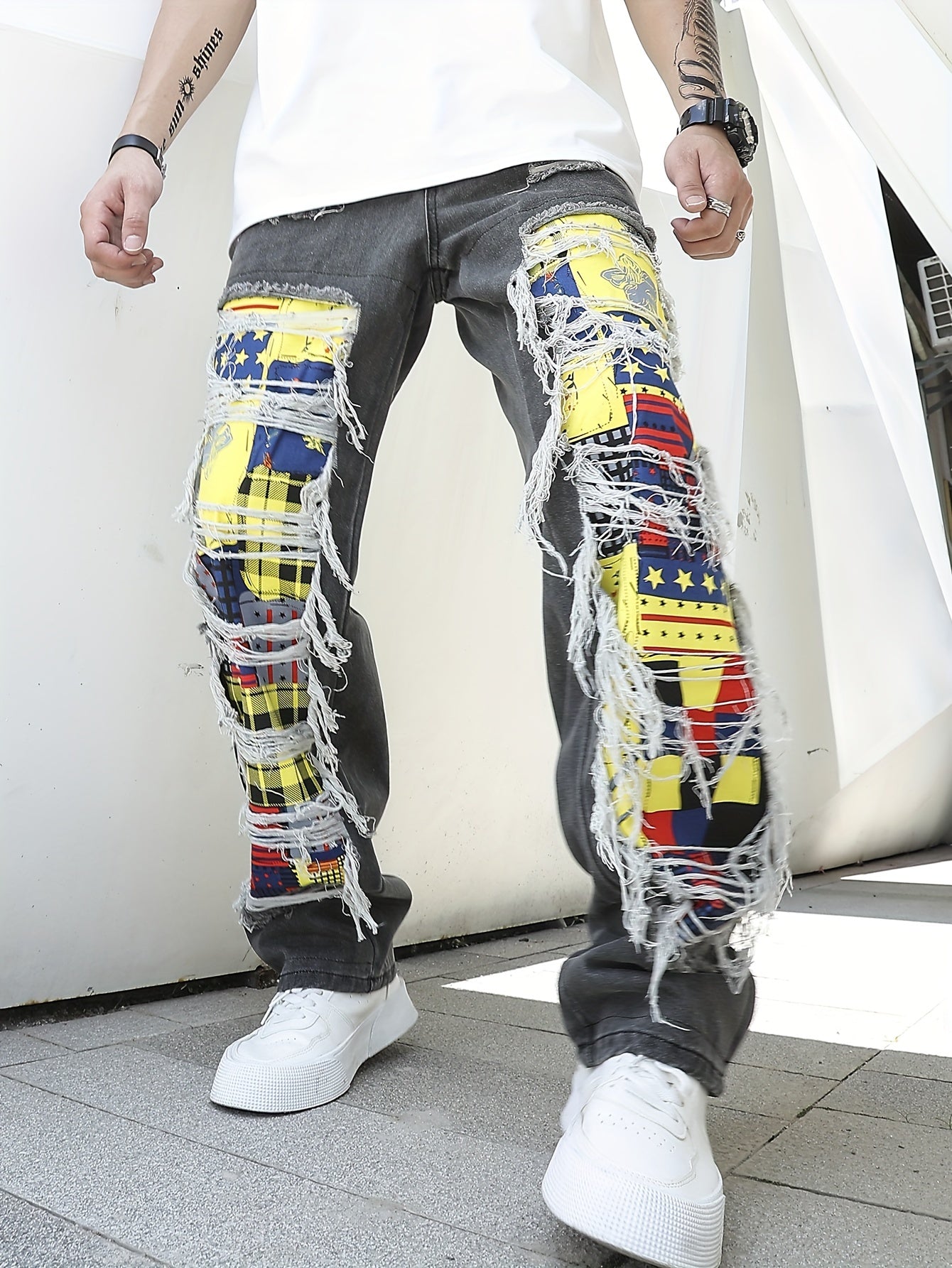 Maxct  Loose Fit Patchwork Jeans, Men's Casual Street Style Wide Leg Pants With Creative Tassels