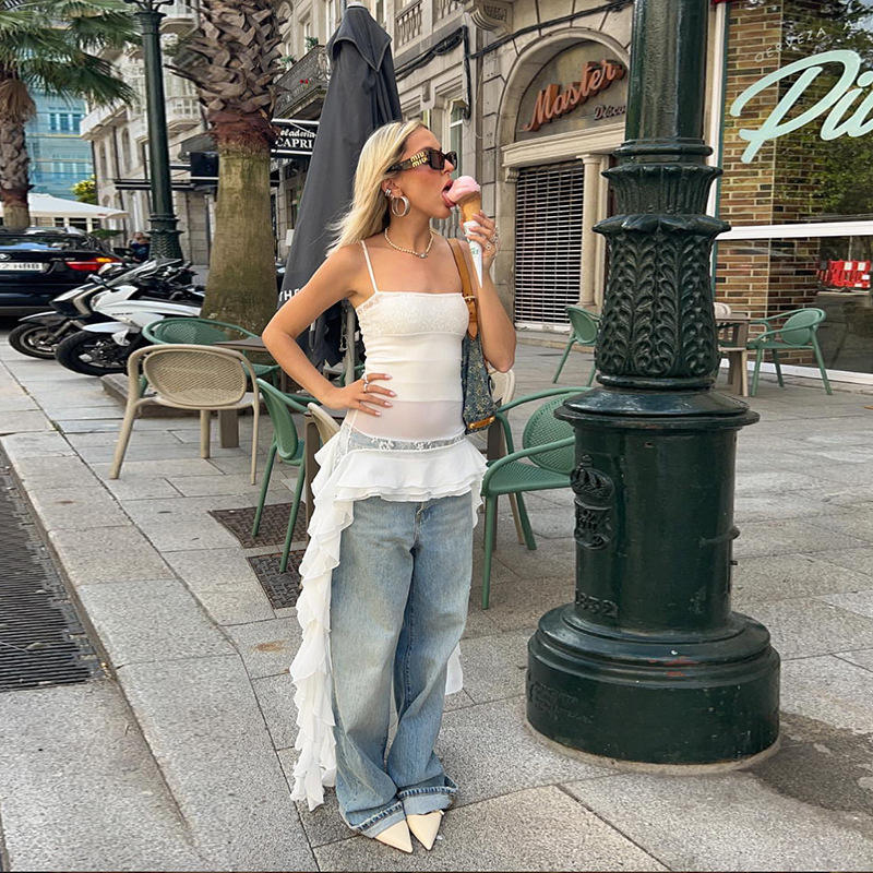 Summer Women's Suspenders Neck Lace Stitching Irregular Gown Dress Women's Club Party Dress Vestidos