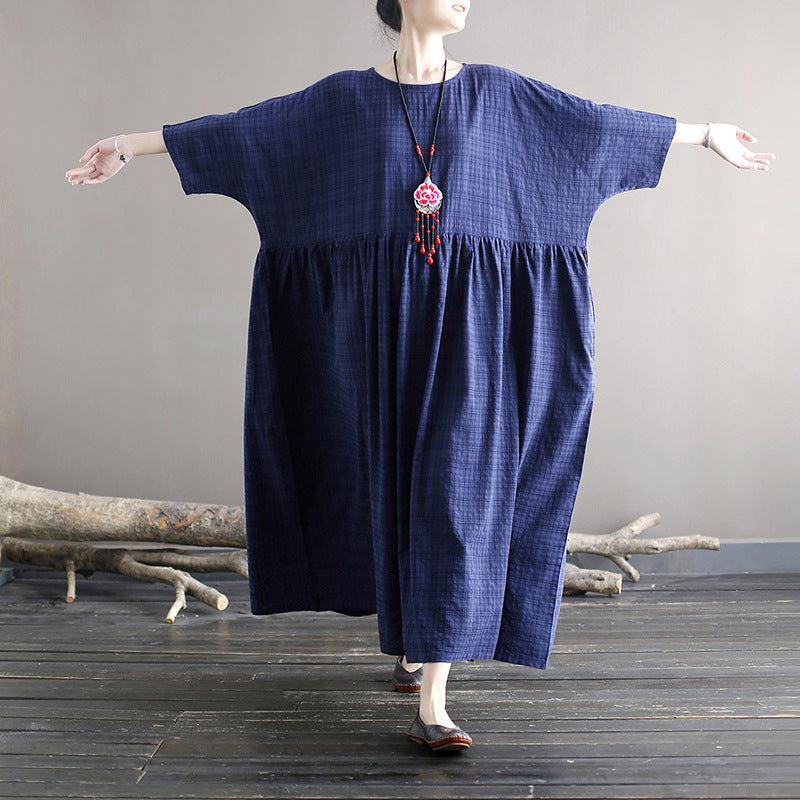 Round Neck Plaid Loose Cotton Midi Dress