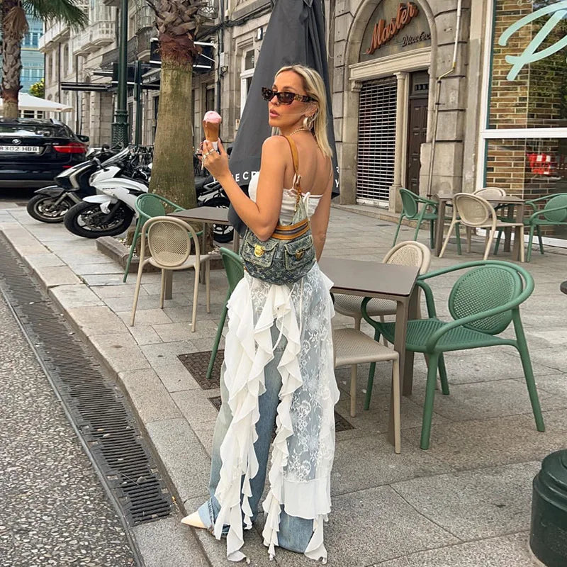Maxct-Summer Women's Suspenders Neck Lace Stitching Irregular Gown Dress Women's Club Party Dress Vestidos