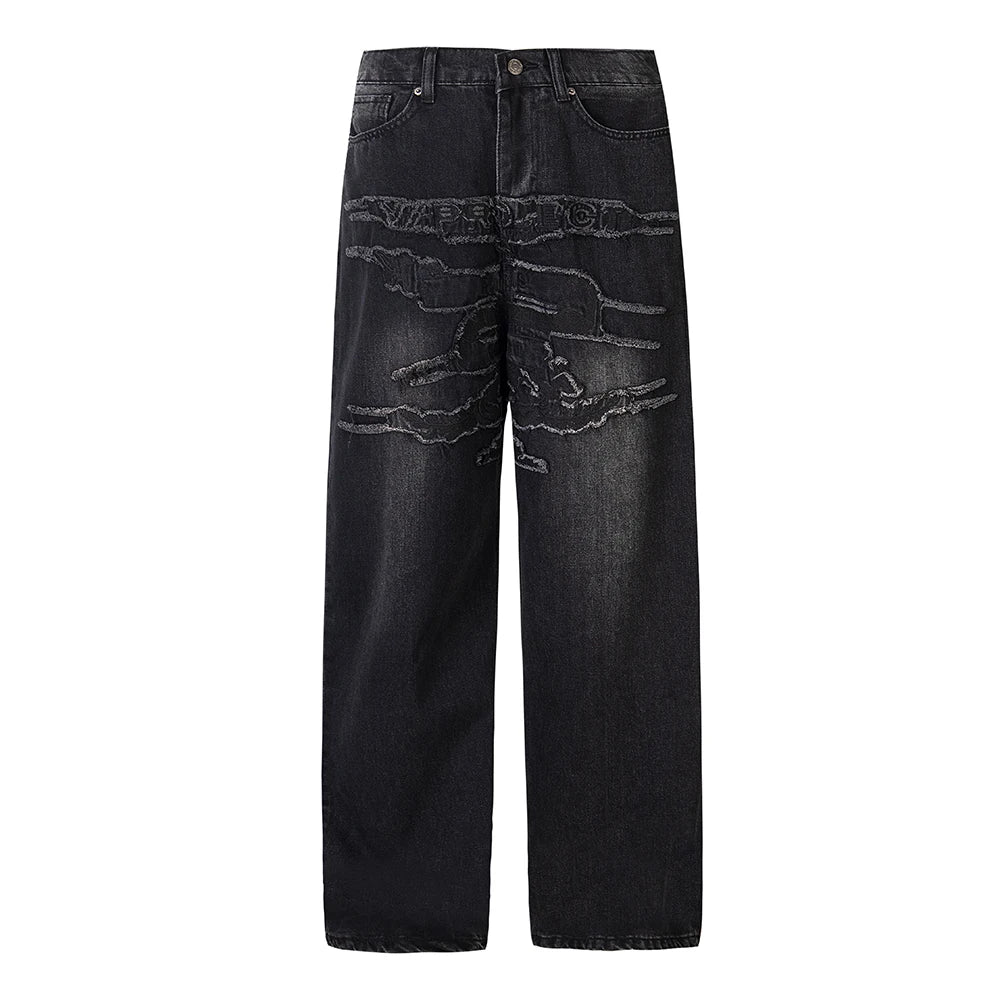 Maxct  Jeans Pants for Men Straight Patchwork Streetwear Baggy Denim Trousers Unisex Cargos