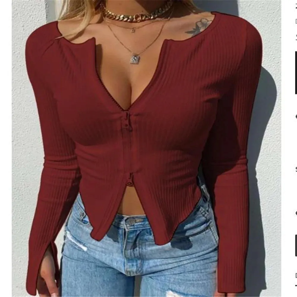 Maxct Chic Women Double Zipper Up Rib Knitted T-shirt Spring Autumn Long Sleeve Slim Fit Basic Tees 90s Vintage Elegant Crop Tops