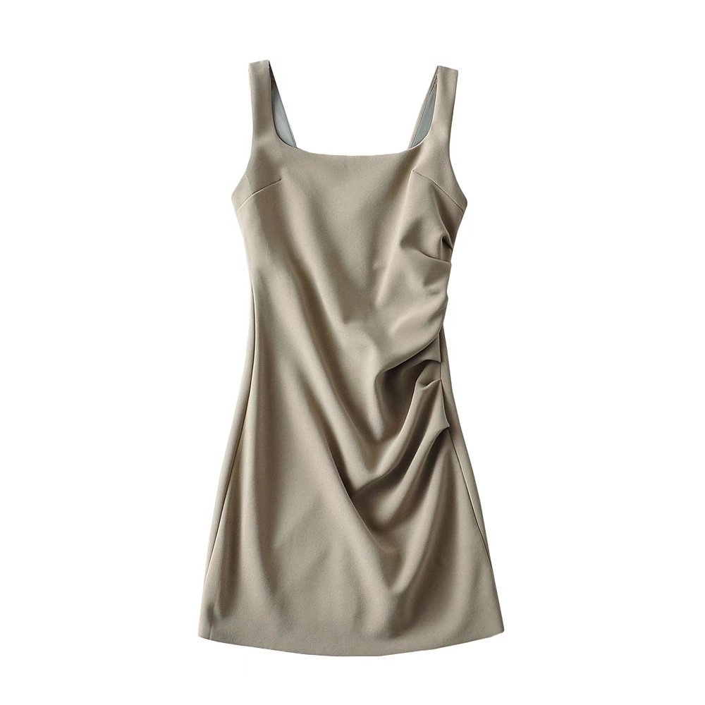 Maxct Maxct New Pleated Vest Dress Summer Women's Solid Color Square Collar Sleeveless Hip Skirt