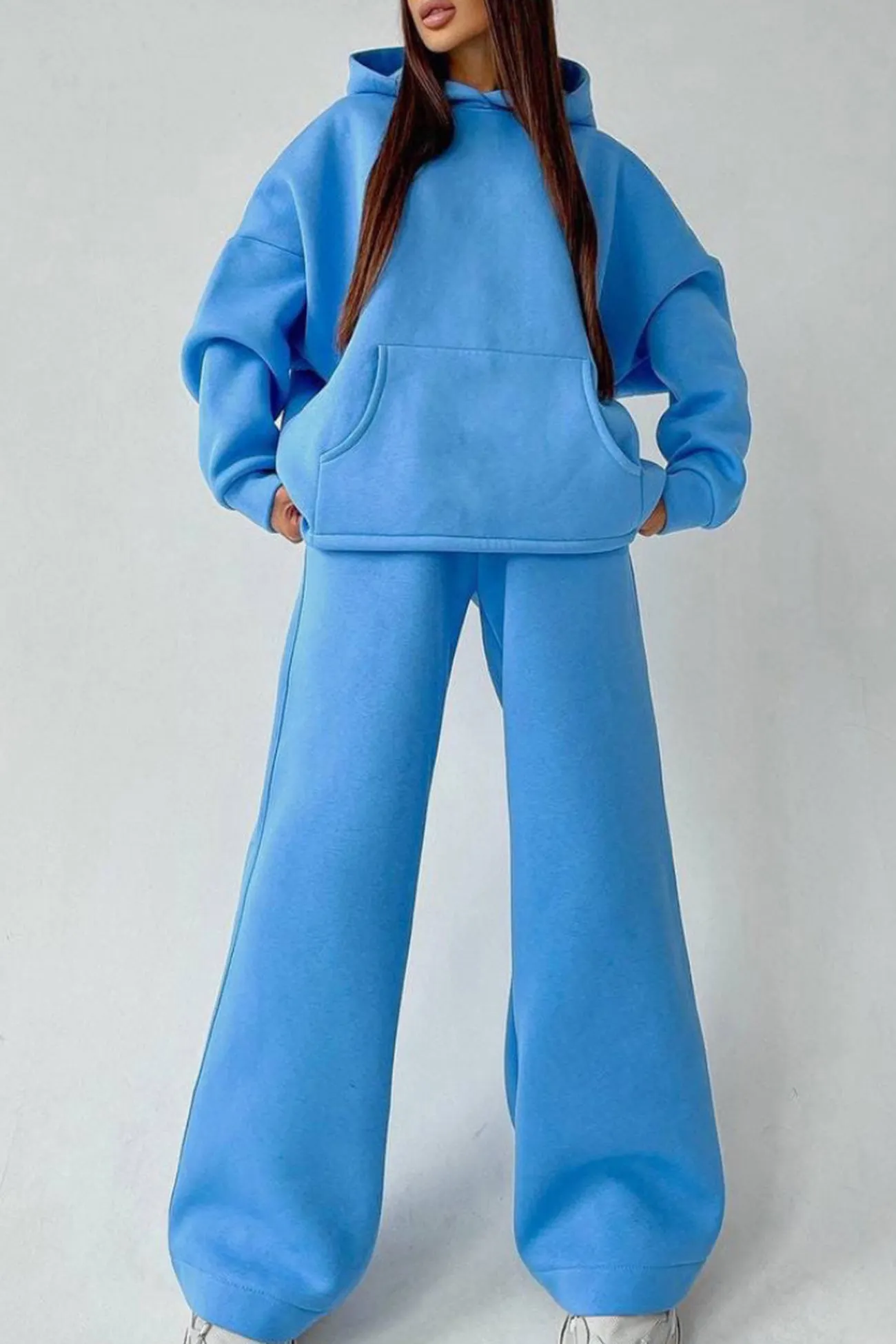 Maxct Solid Hoodie Wide Leg Long Pants Suits