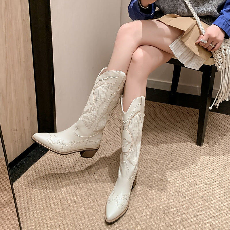 Womens Western Boots Mid Calf Contrast-stitching Cowboy Boots- White/Coffee Maxct