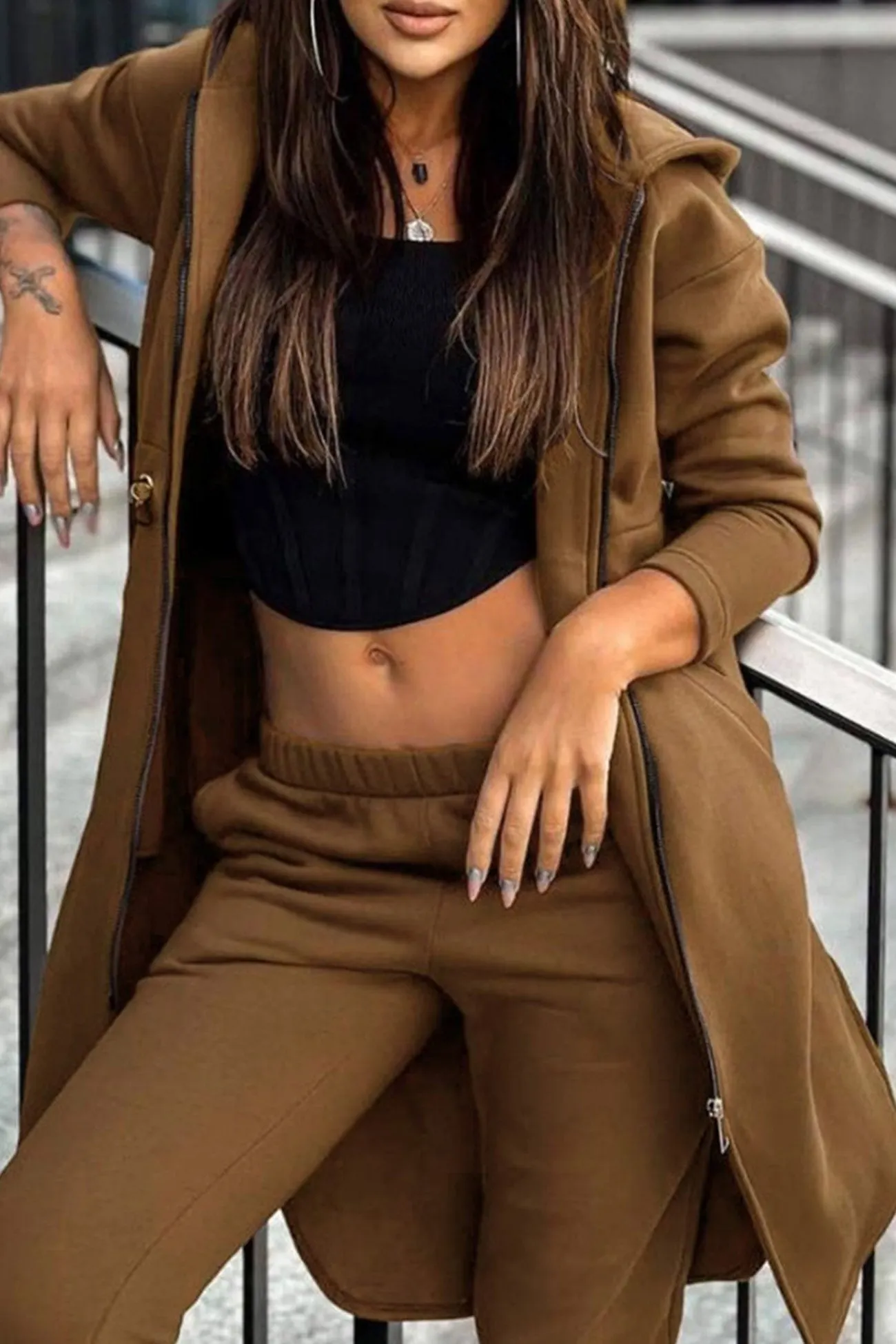 Maxct Elastic Waist Mid-length Hoodie Pants Set