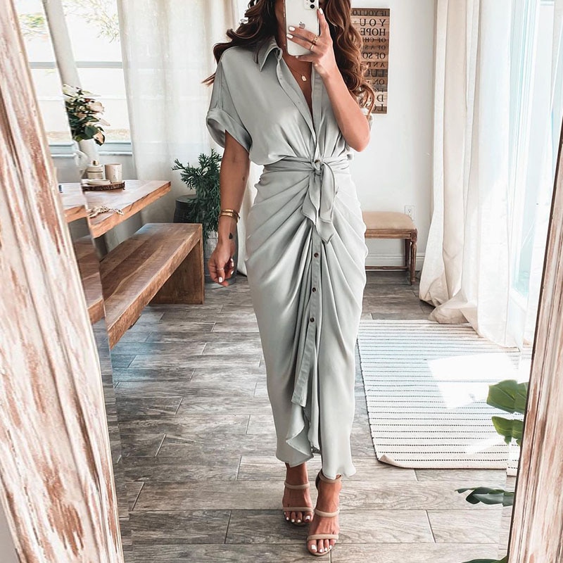 Maxct Short Sleeve Spring Dresses Fashion Summer Turn-down Collar Women Party Dress Elegant Button Office Lady Shirt Dress