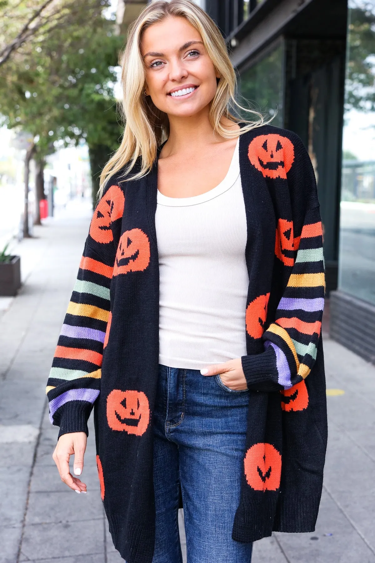 Maxct &Pumpkin Multicolor Stripe Jacquard Knit Open Cardigan