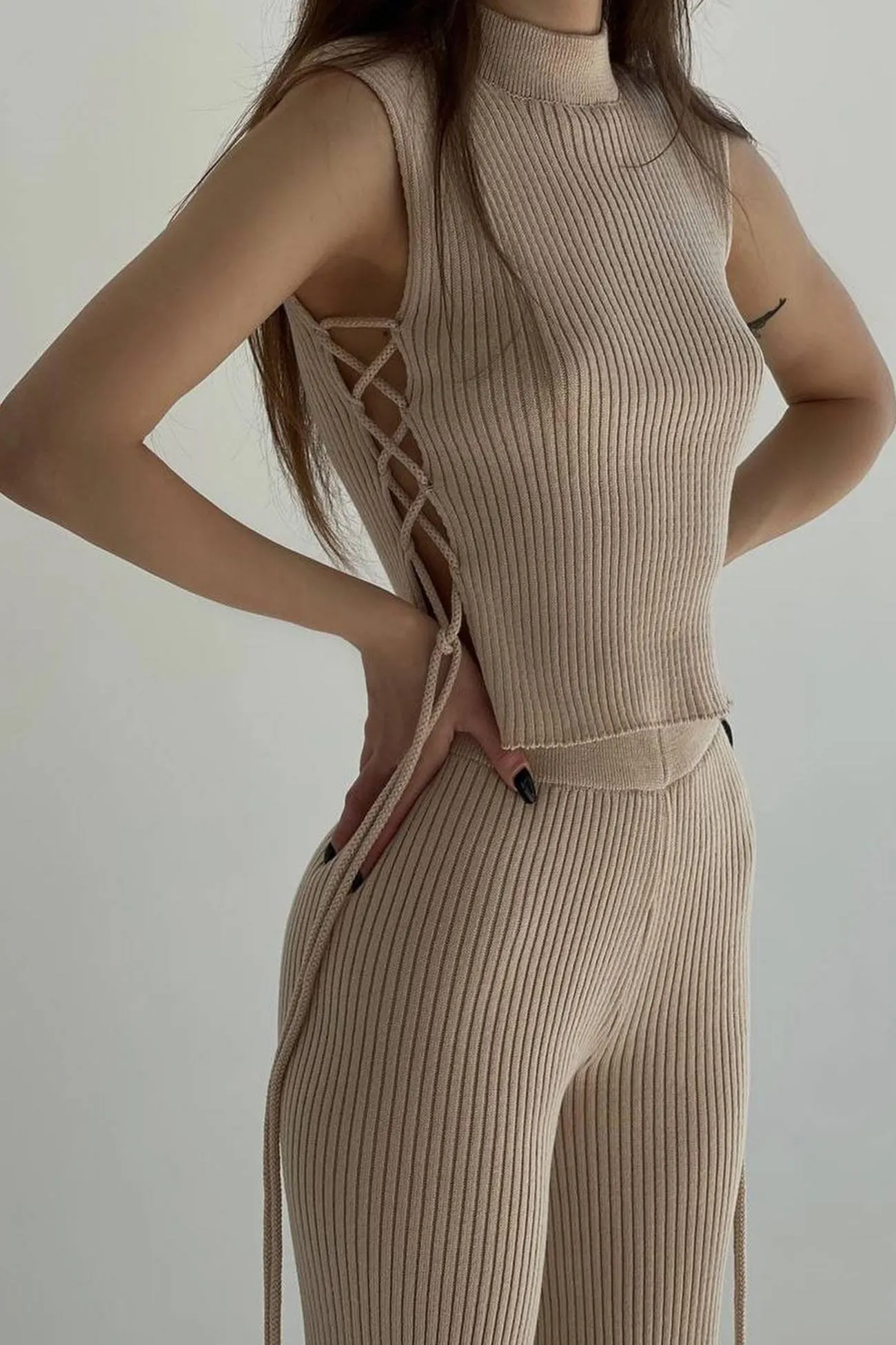 Maxct Ribbed Knit Lace-up Tank Top Pants Suits