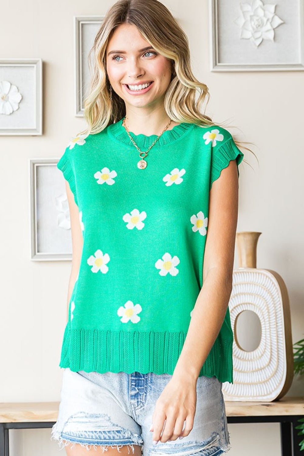 Maxct &First Love Full Size Flower Pattern Round Neck Sweater Vest