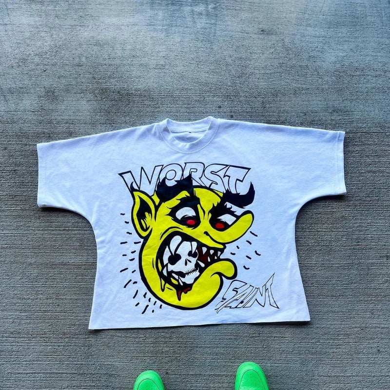 Maxct 90s Streetwear Y2K Street T Shirt Men Women Harajuku Cartoon Printed Pattern Streetwear Retro Hip Hop Oversized Short Sleeves Unisex Clothing