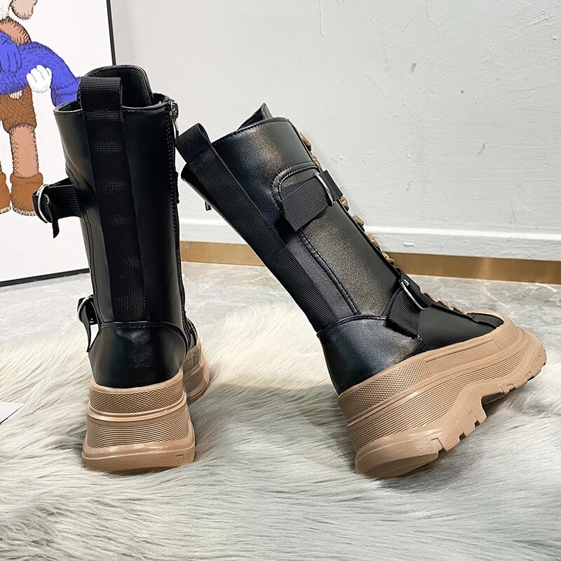 Platform Boots PU Leather Mid-Calf Combat for Women
