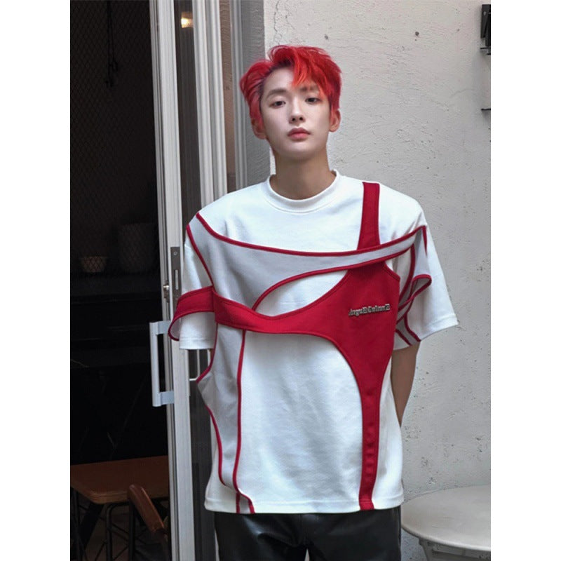Maxct classy mens fashion American High Street Heavy Deconstruction Stitching Short Sleeve Men's Summer Advanced Design Sense Shoulder Pad T-shirt Niche Couple Half Sleeve
