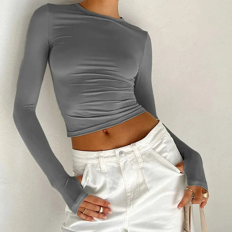 Maxct Female Fashion Going Out T-Shirt Women Sexy Long Sleeve Fitted Crop Tops Y2K Crew Neck Casual Basic Tight Tees Streetwear
