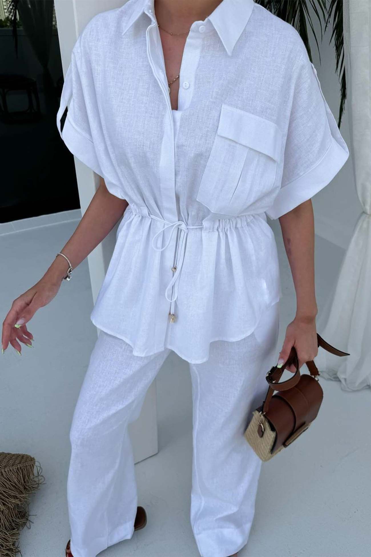 Maxct Half Sleeve Drawstring Shirt Long Pants Two-Piece Set