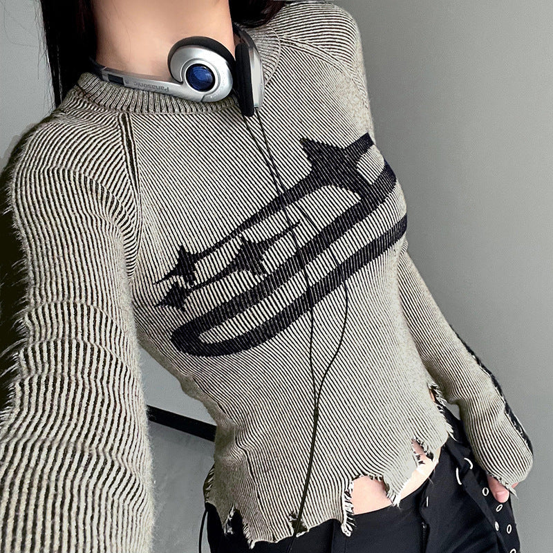 Maxct 2024 Fall Fashion Street Tattered Splice Frayed Hem Sweater