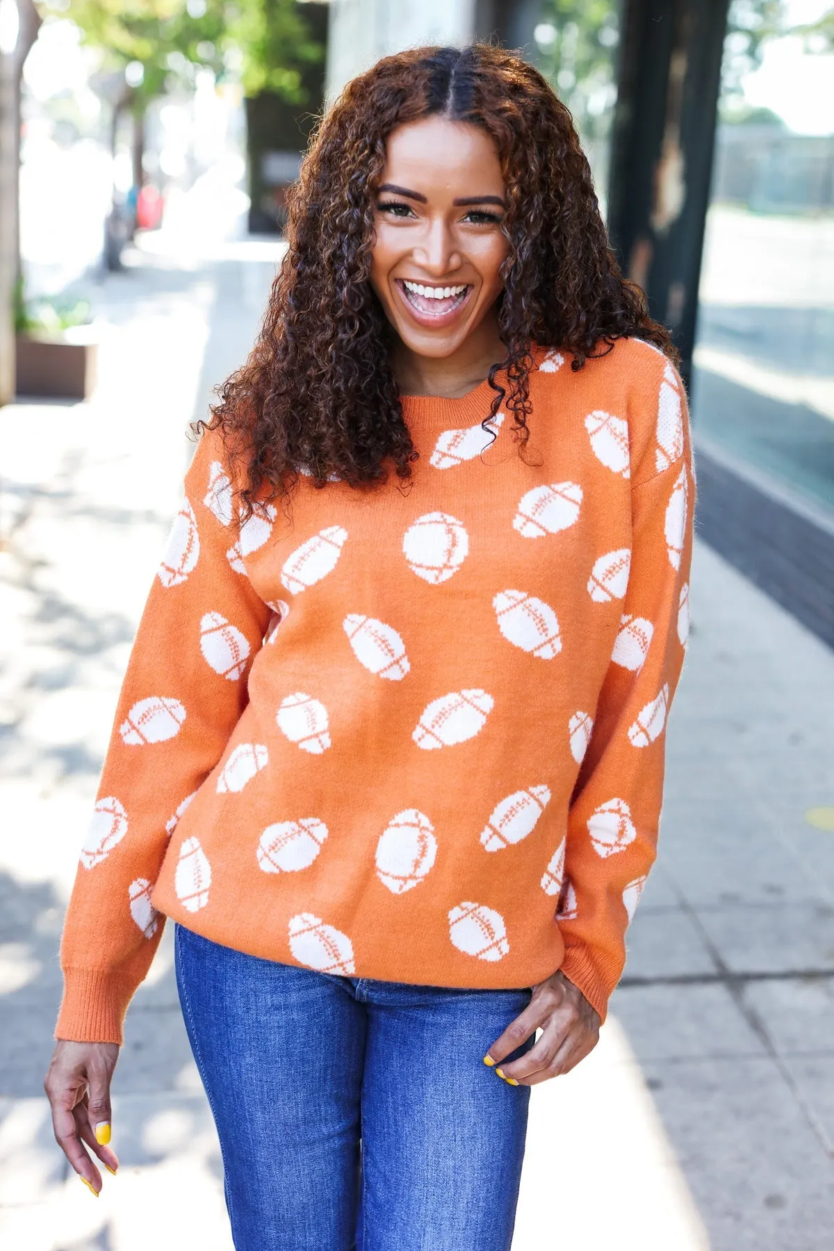 Maxct &Game Day Orange Football Print Jacquard Knit Sweater