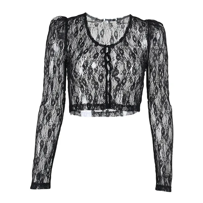 Maxct 90s Vintage Button Up Long Sleeve Crop Top Floral Lace Transparent T-shirt Korean Harajuku Slim Fit Tees Y2K Women Streetwear