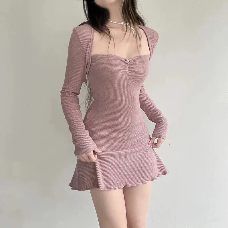Cute Coquette Pink A-line Mini Dress Fairycore Sweet Full Sleeve Square Collar Short Dresses for y2k Maxct