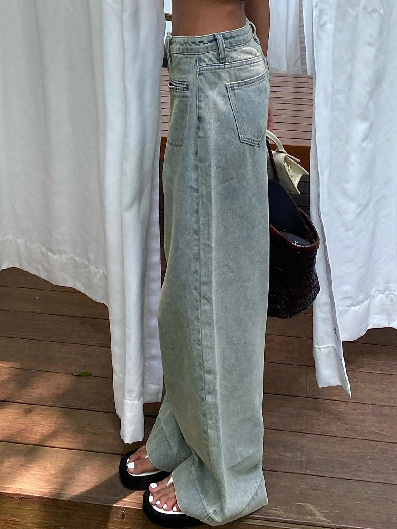 Maxct Women Wide Leg Loose Denim Pants With Double Pockets For Daily Casual Wear