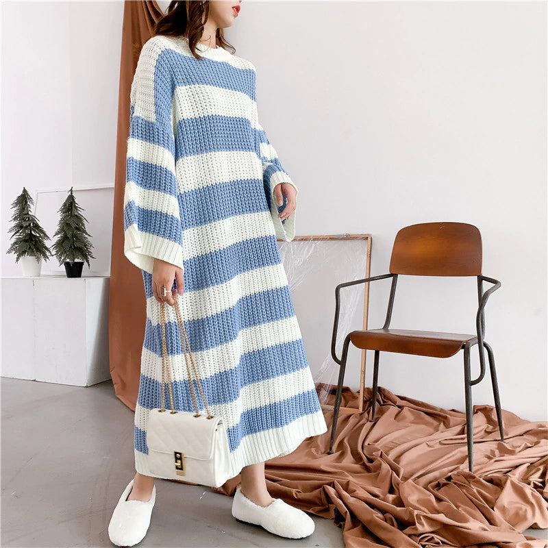 Loose Long Striped Crew Neck Knitted Dress Maxct