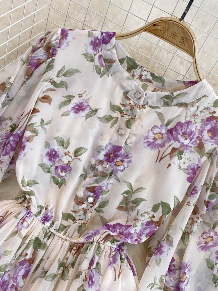 Vintage Floral Chiffon Long Dress Elegant O-Neck Puff Sleeve High Waist A-Line Ruffle Hem Vacation Beach Maxi Vestidos