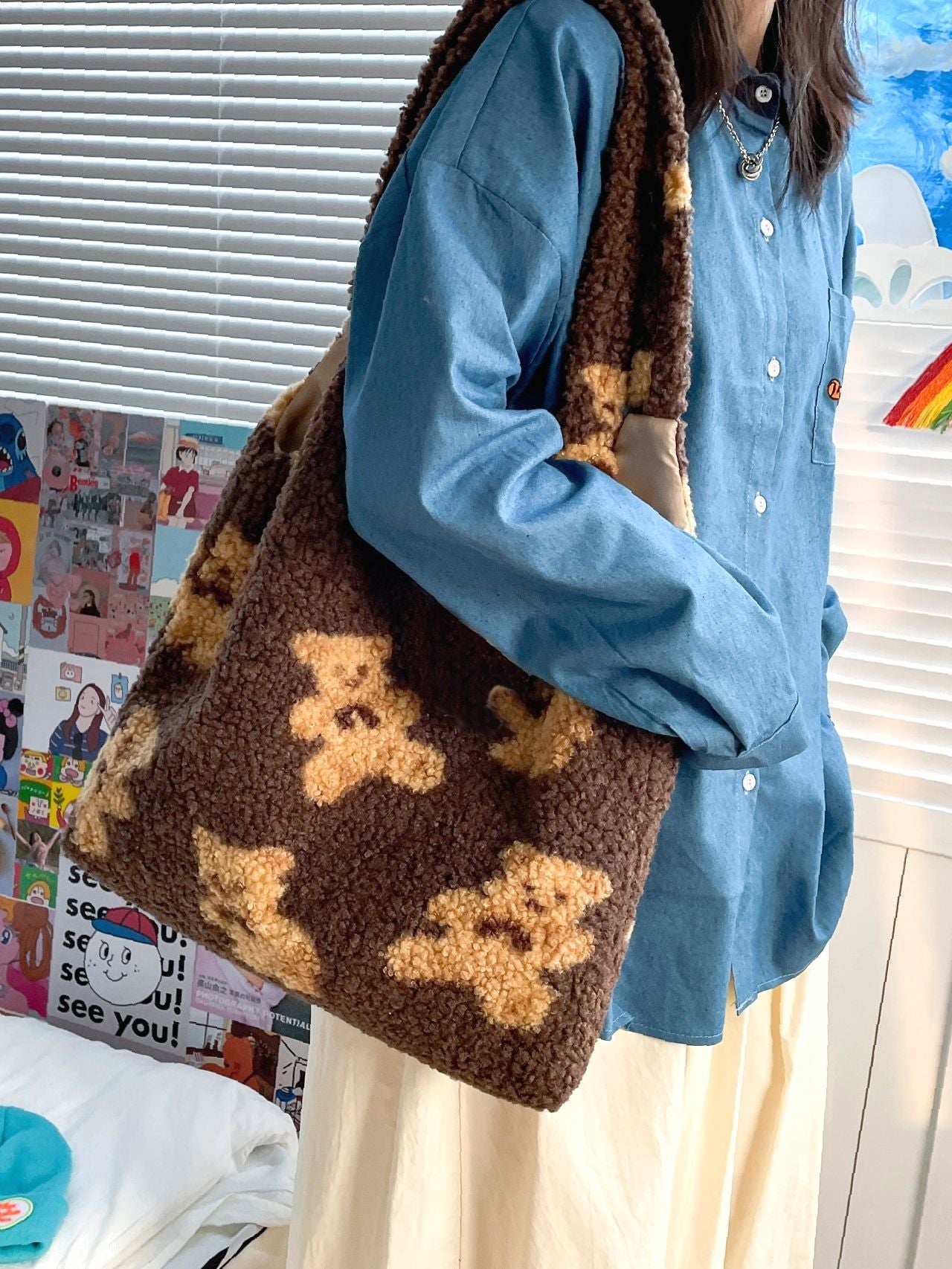 Maxct - Faux Shearling Cartoon Graphic Tote Bag  - Women Tote Bags