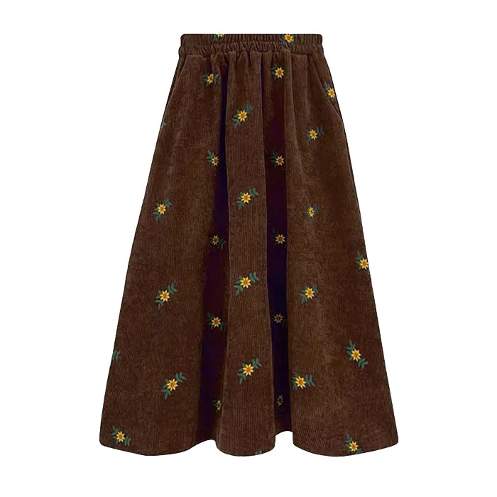 Floral Embroidery Corduroy Skirt Maxct
